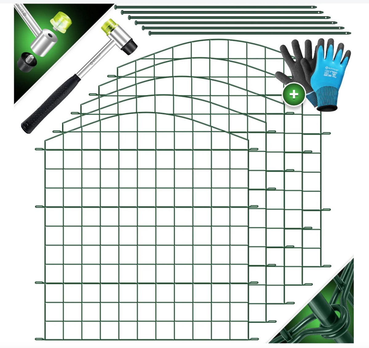 KESSER® Vijverhek tuinhek steekhek complete set metaal 5x bocht rond incl. handschoenen, 1x hamer + 6 bevestigingsstaven, hek om in te steken voor tuin, rooster omheining set buitenren voor dieren
