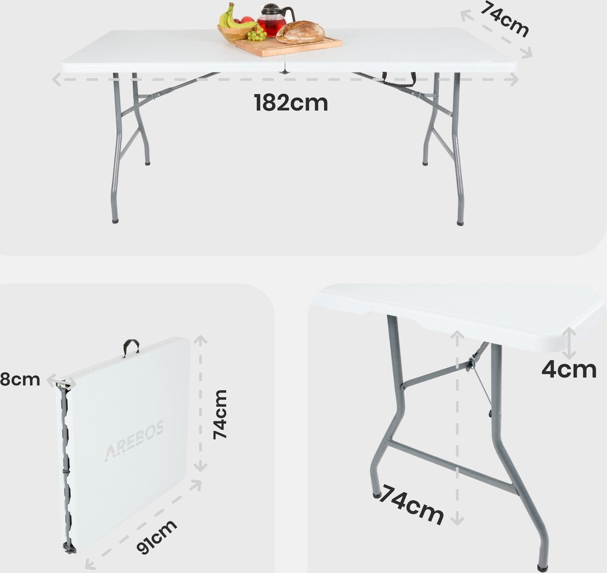 AREBOS Klaptafel - Inklapbare tafel - Campingtafel - Vouwtafel - Weerbestendig - Wit - 182 × 74 × 74 cm - 8 personen