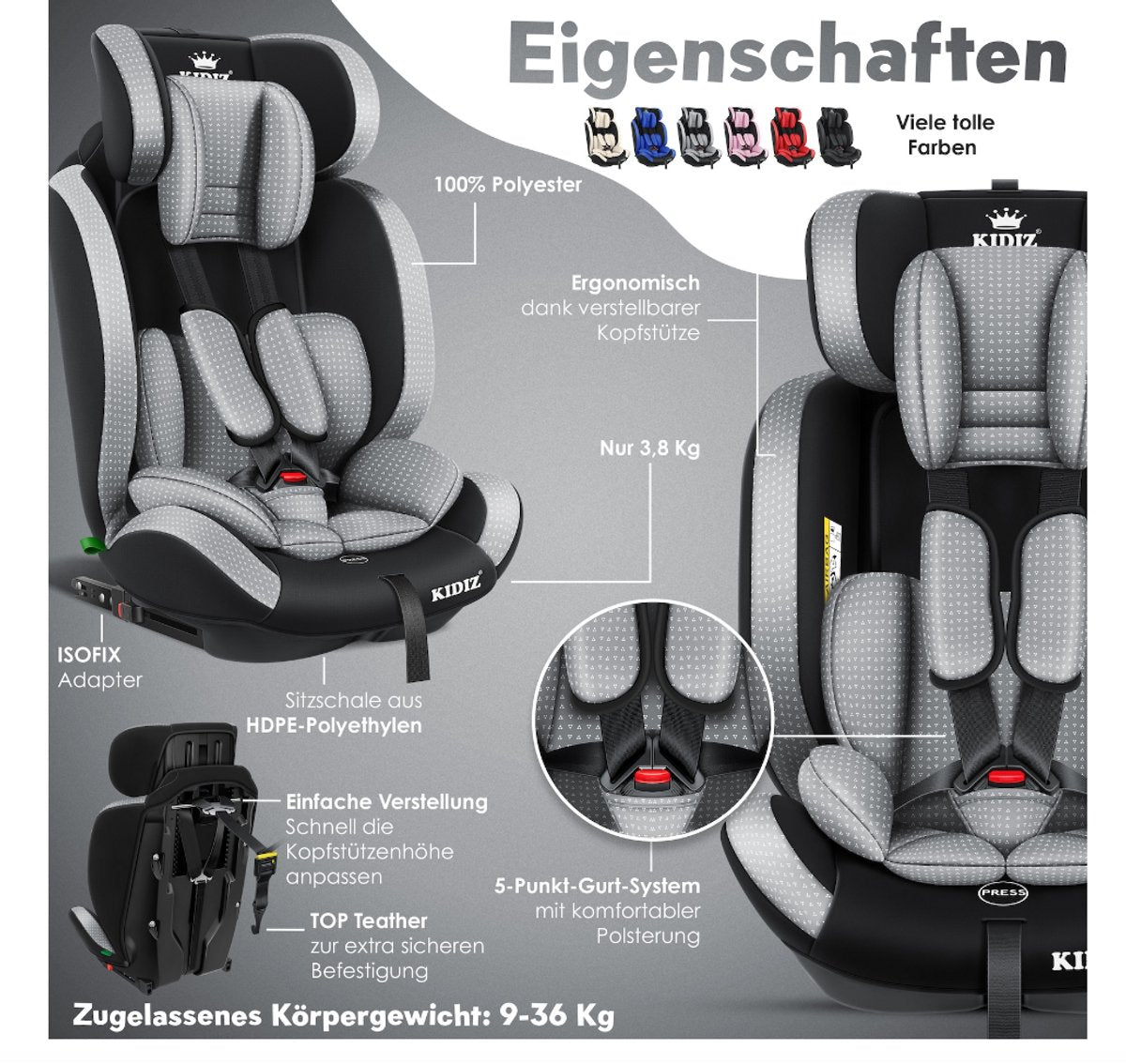 KIDIZ® Autostoeltje - 5-punts veiligheidsgordel - Grijs