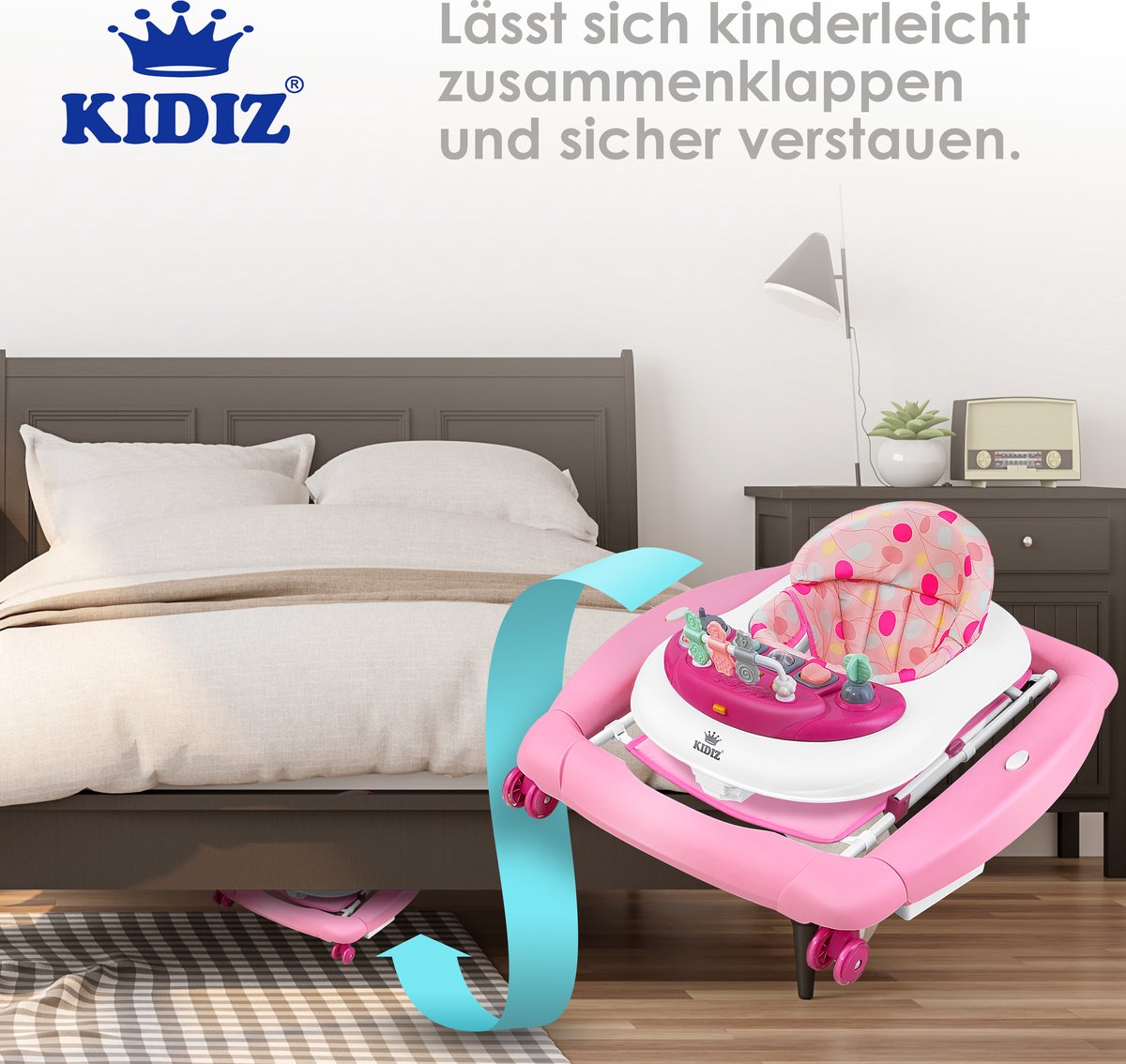 KIDIZ® 4in1 Babywalker / Loopstoel / Loopstoeltje voor Baby speel- en loopstoeltje - schommelfunctie baby wipstoeltje met wielen, licht, muziek, speelcentrum eettafel loopstoel loophulp baby's vanaf 6 maanden opvouwbaar - Roze