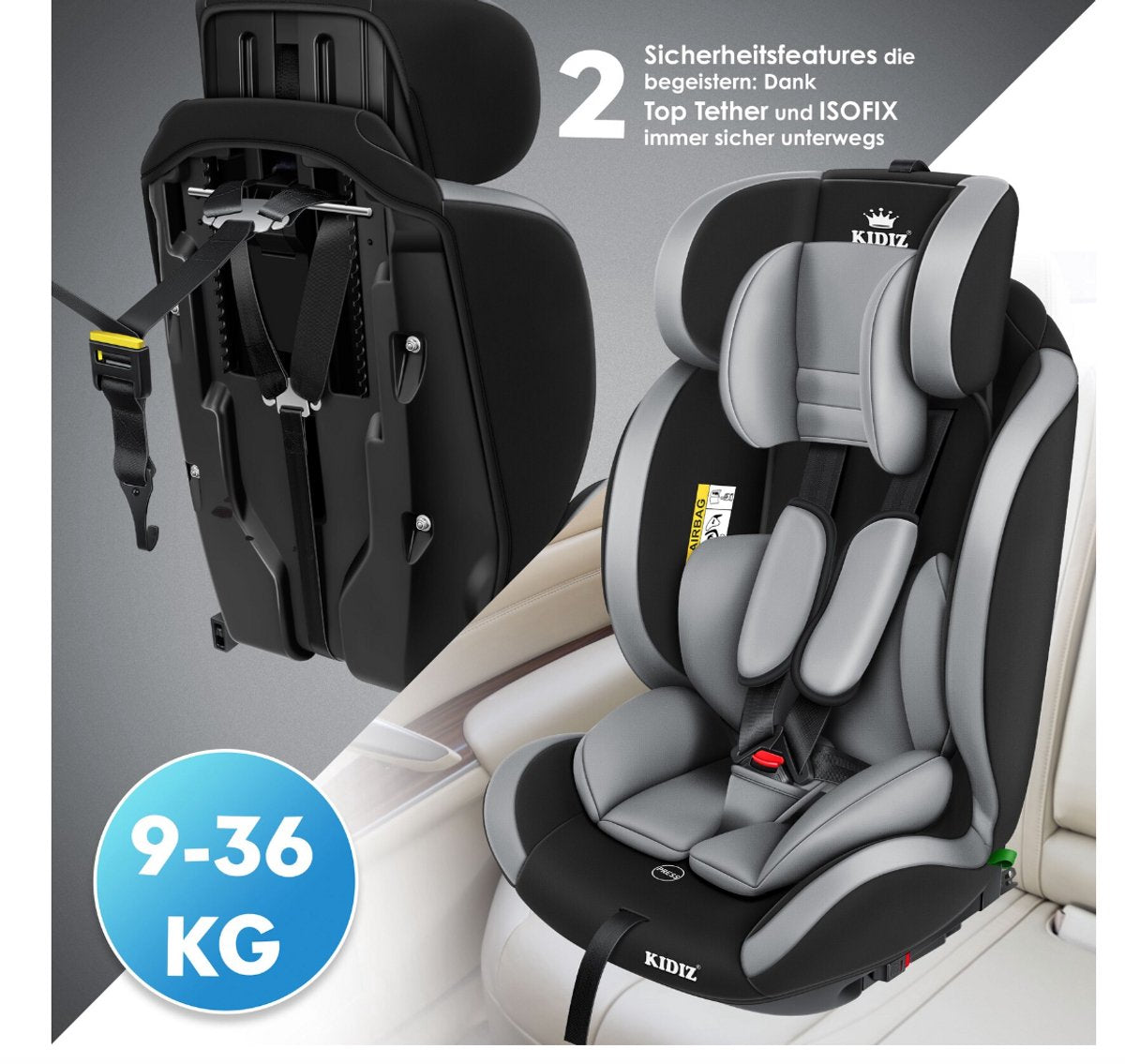 KIDIZ® Autostoeltje - 5-punts veiligheidsgordel - Grijs