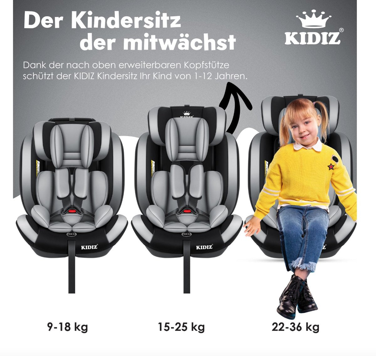 KIDIZ® Autostoeltje - 5-punts veiligheidsgordel - Grijs