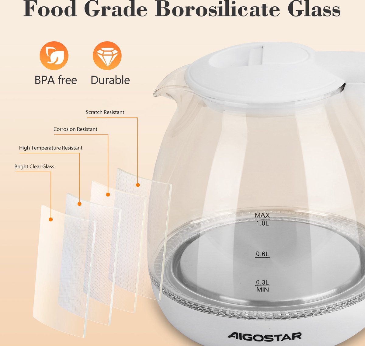Waterkoker glas - met LED - 1L - 2200W - Wit - Aigostar