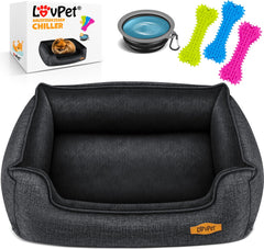 LovPet® Hondenbed Hondenkussen Hondenmand Chiller, Incl. Kom + 3X Kauwbotten, Hondenbankkussen voor Kleine, Middelgrote & Grote Honden, Hoes Afneembaar en Wasbaar - M (70 x 55 x 21 cm), Antraciet
