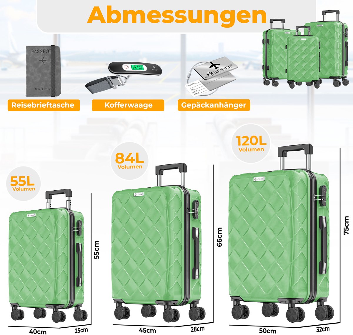 KESSER® Reiskofferset - 3-delig - ABS- Kofferset - Groen