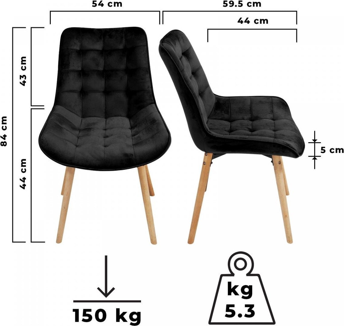 Eetkamerstoelen - Set van 2 - Fluweel - Zwart - MIADOMODO®