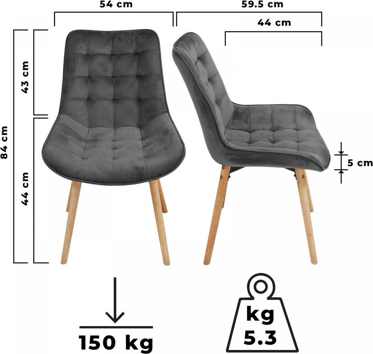 Eetkamerstoelen - Set van 2 - Fluweel - Donkergrijs - MIADOMODO®