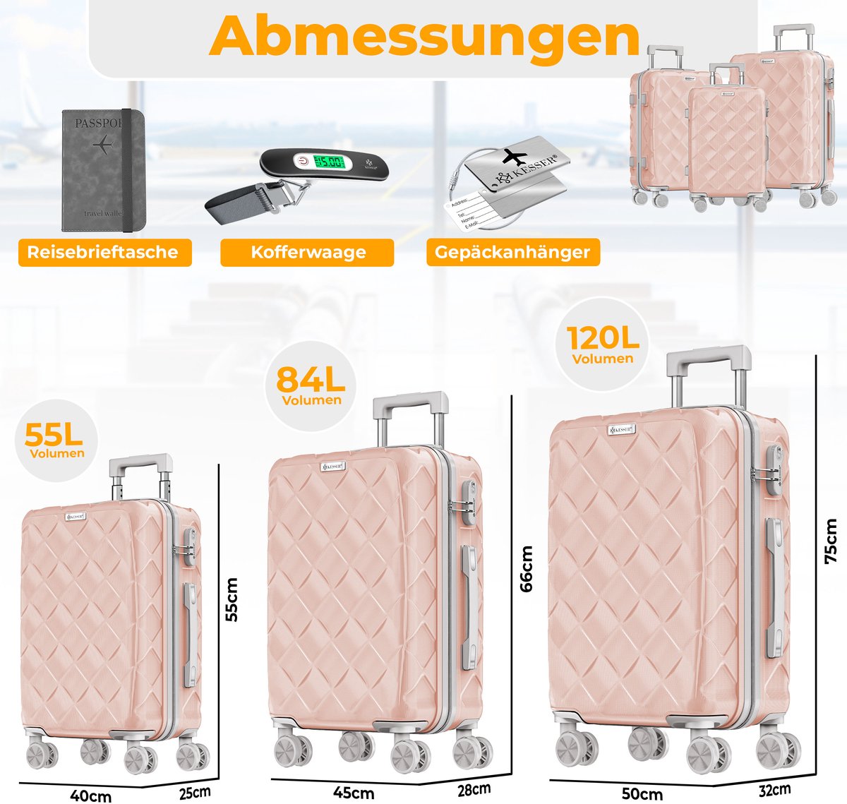 KESSER® Kofferset 3-delig | Reiskoffer met Wielen inclusief Paspoorthouder & kofferweegschaal & bagagelabel | Trolley Reiskofferset met groote Koffers & Handbagage / Ruimbagage - Nude Grey