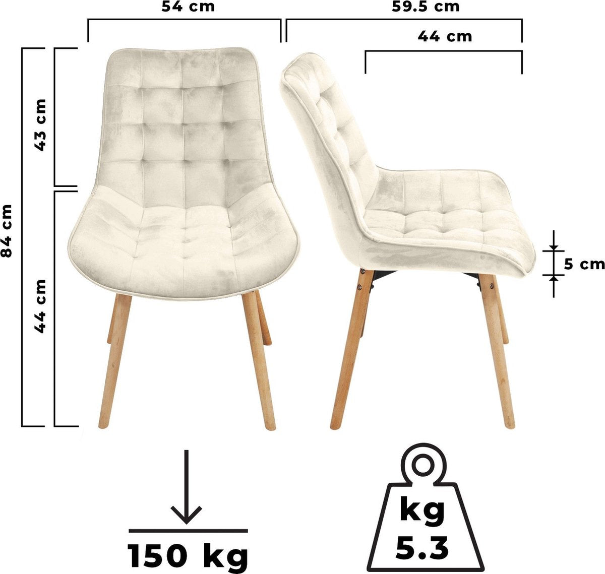 Eetkamerstoelen - Set van 2 - Fluweel - Creme - MIADOMODO®