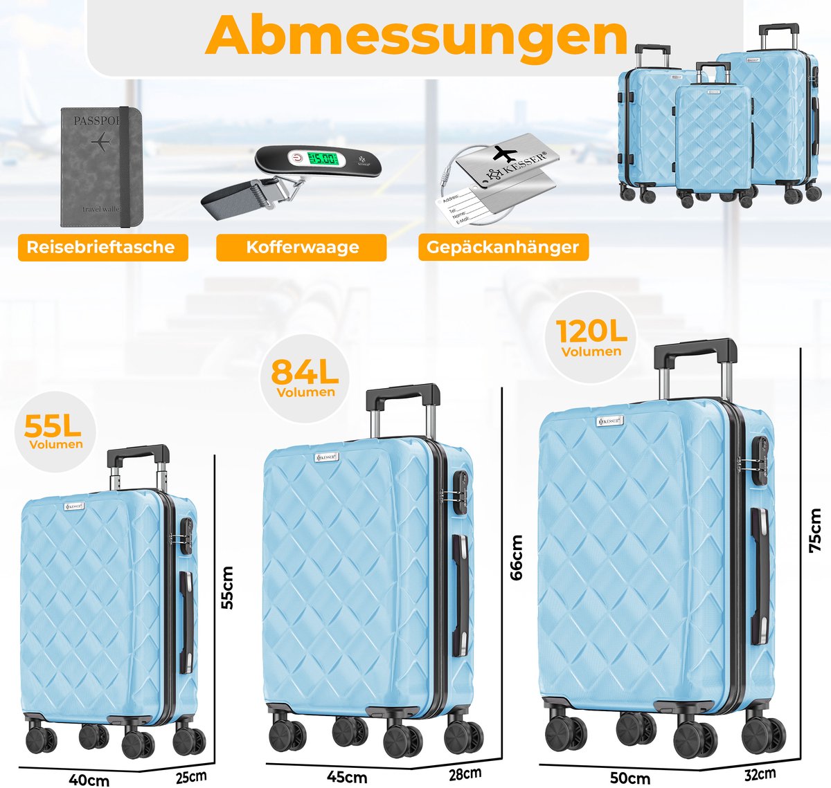 KESSER® Kofferset 3-delig | Reiskoffer met Wielen inclusief Paspoorthouder & kofferweegschaal & bagagelabel | Trolley Reiskofferset met groote Koffers & Handbagage / Ruimbagage - Sky Blue