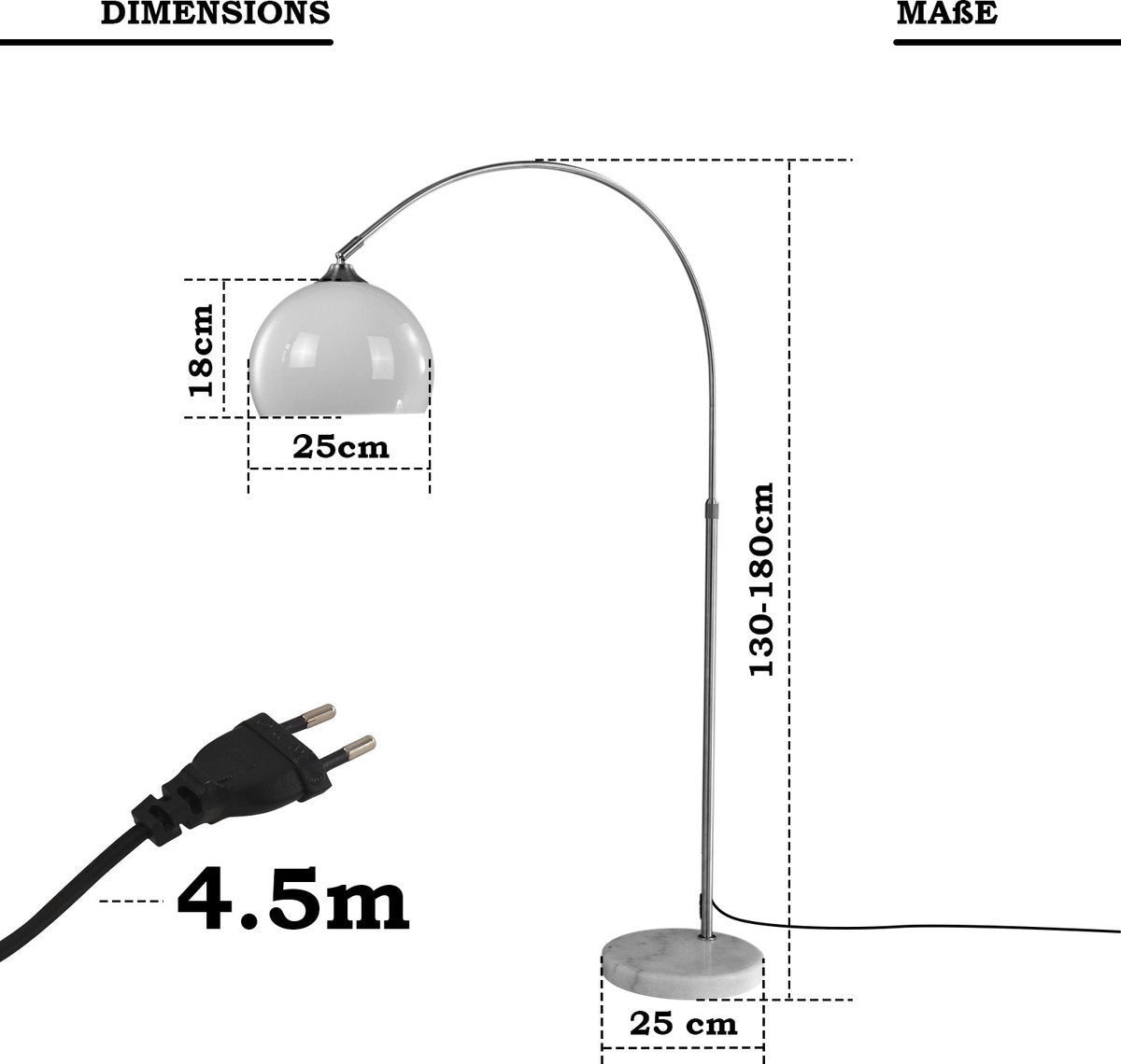 Jago - Booglamp - Hoogte Verstelbaar - LED E27 - Max 60W - Roestvrij staal - Vloerlamp - Hoogte 130-180 cm - Wit (Copy)