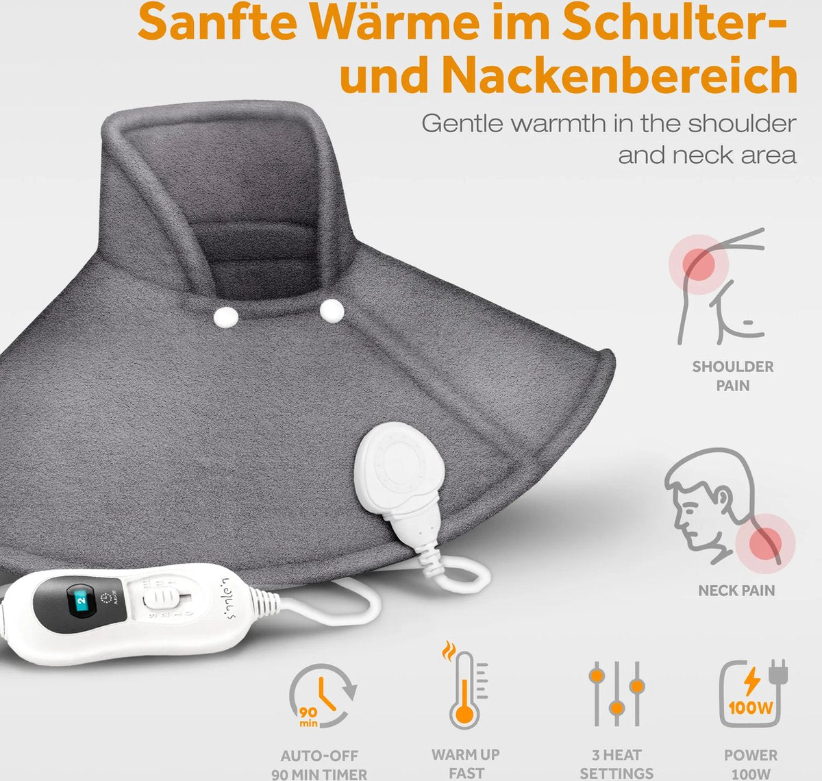 Warmtekussen - Nek en schouder - 3 temperatuurstanden - Grijs - Sinnlein®