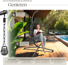 tectake® - Luxe hangstoel - Opvouwbare en draaibare egg chair met standaard - Dikke kussens - Antislipvoeten - Inclusief beschermhoes - Ideaal voor buiten, tuin, terras en slaapkamer - Donkergrijs