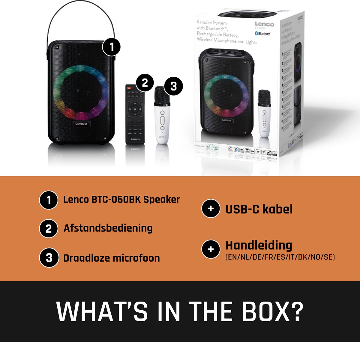 Lenco BTC-060BK - Draadloze Bluetooth Speaker 20W - Karaokeset met Microfoon en LED-verlichting - Zwart •