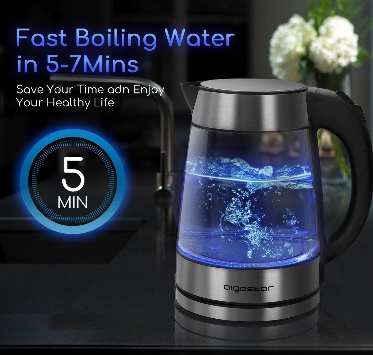 Aigostar Glazen LED Waterkoker - Retro - 1,7L - 2200W - RVS