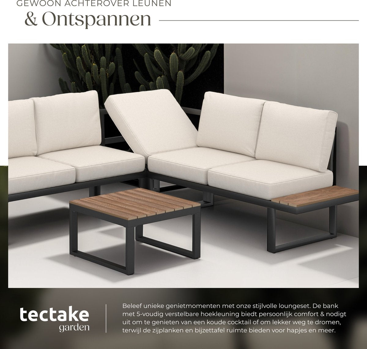 tectake® Tuinset Eilar - 4-Delige Loungeset - Weerbestendige Hoekbank met Aluminium Frame en Houtlook Zijtafeltjes - Tuintafel - Verstelbare Rugleuning - Te Gebruiken als Ligbed - Tuinmeubelset met Kussens - Ideaal voor tuin, balkon en terras