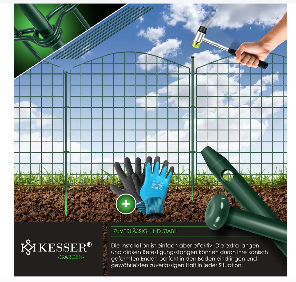 KESSER® Vijverhek tuinhek steekhek complete set metaal 5x bocht rond incl. handschoenen, 1x hamer + 6 bevestigingsstaven, hek om in te steken voor tuin, rooster omheining set buitenren voor dieren