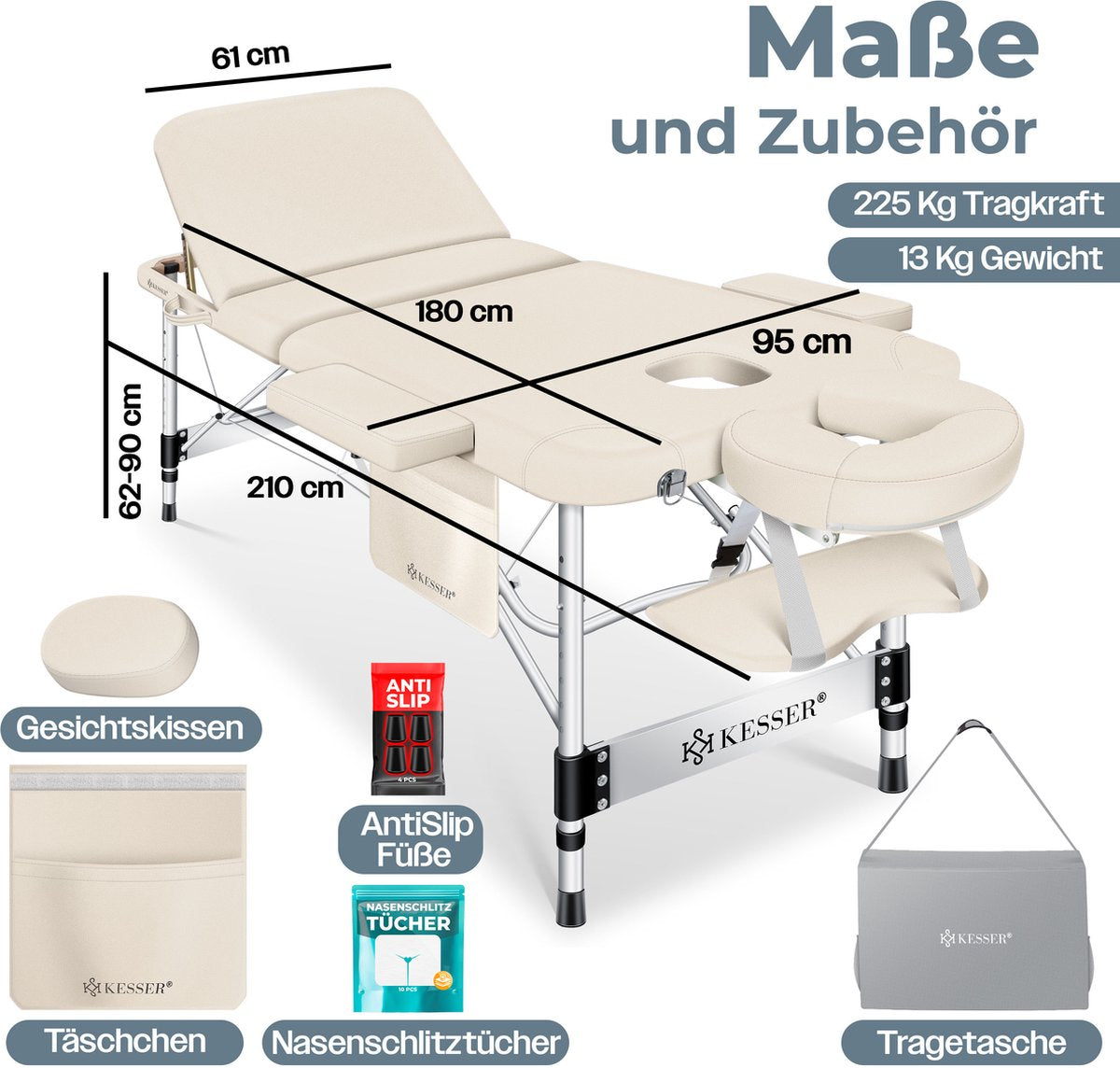 KESSER® Massagetafel inklapbaar 180x61x90cm | Behandeltafel 225kg Draagvermogen & In Hoogte Verstelbaar | Mobiele Massagebank 3-Zone | Aluminium Massagebed met Hoofdsteunen Armsteunen & opbergtas - Beige