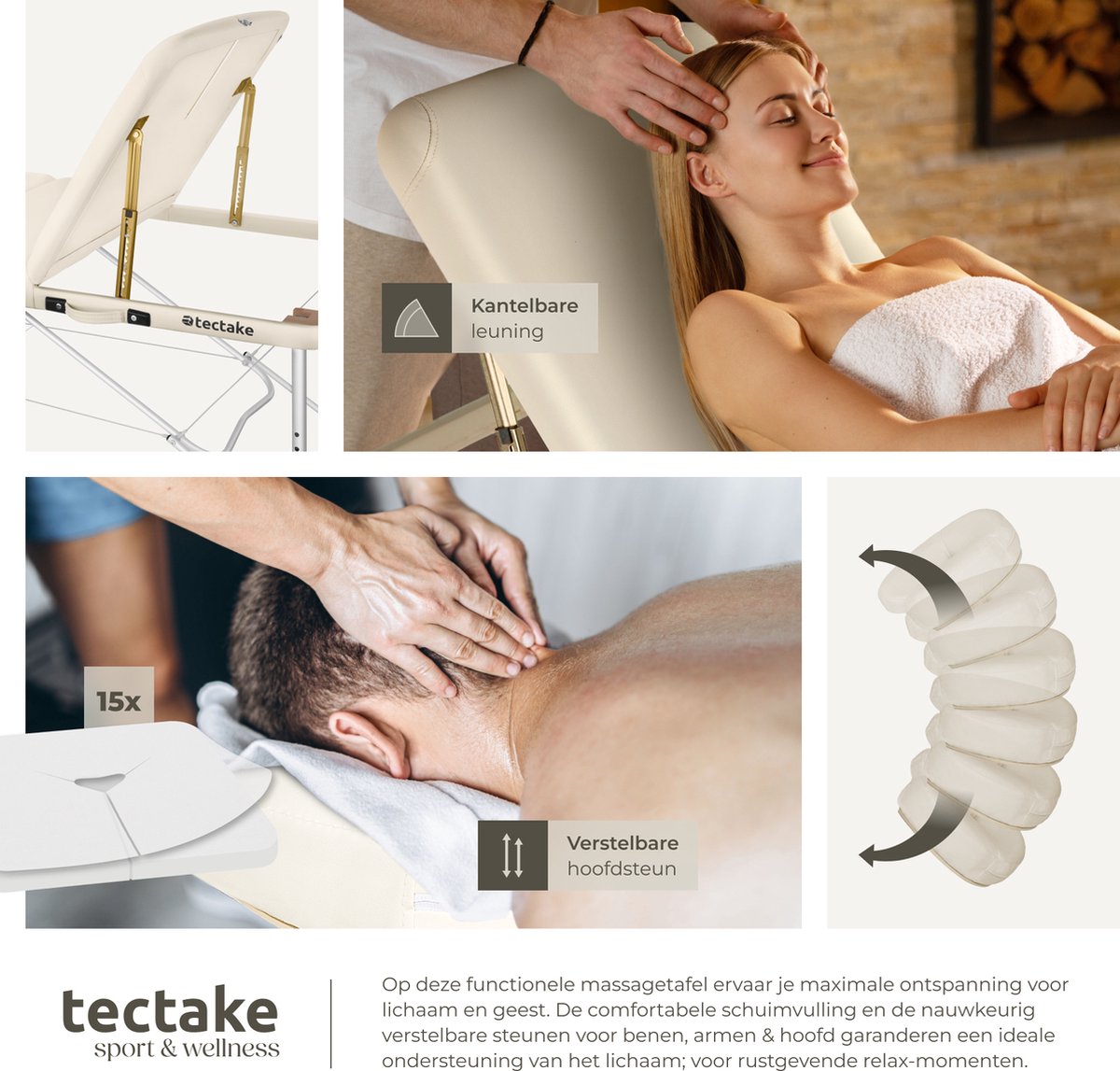 tectake® 3-Zones Massagetafel – 78cm Breed – Behandelbank met 5cm Dikke Vulling en Aluminium Frame – Inclusief 15 Hoofdsteundoekjes en Draagtas – Max Draagvermogen 230kg – Beige
