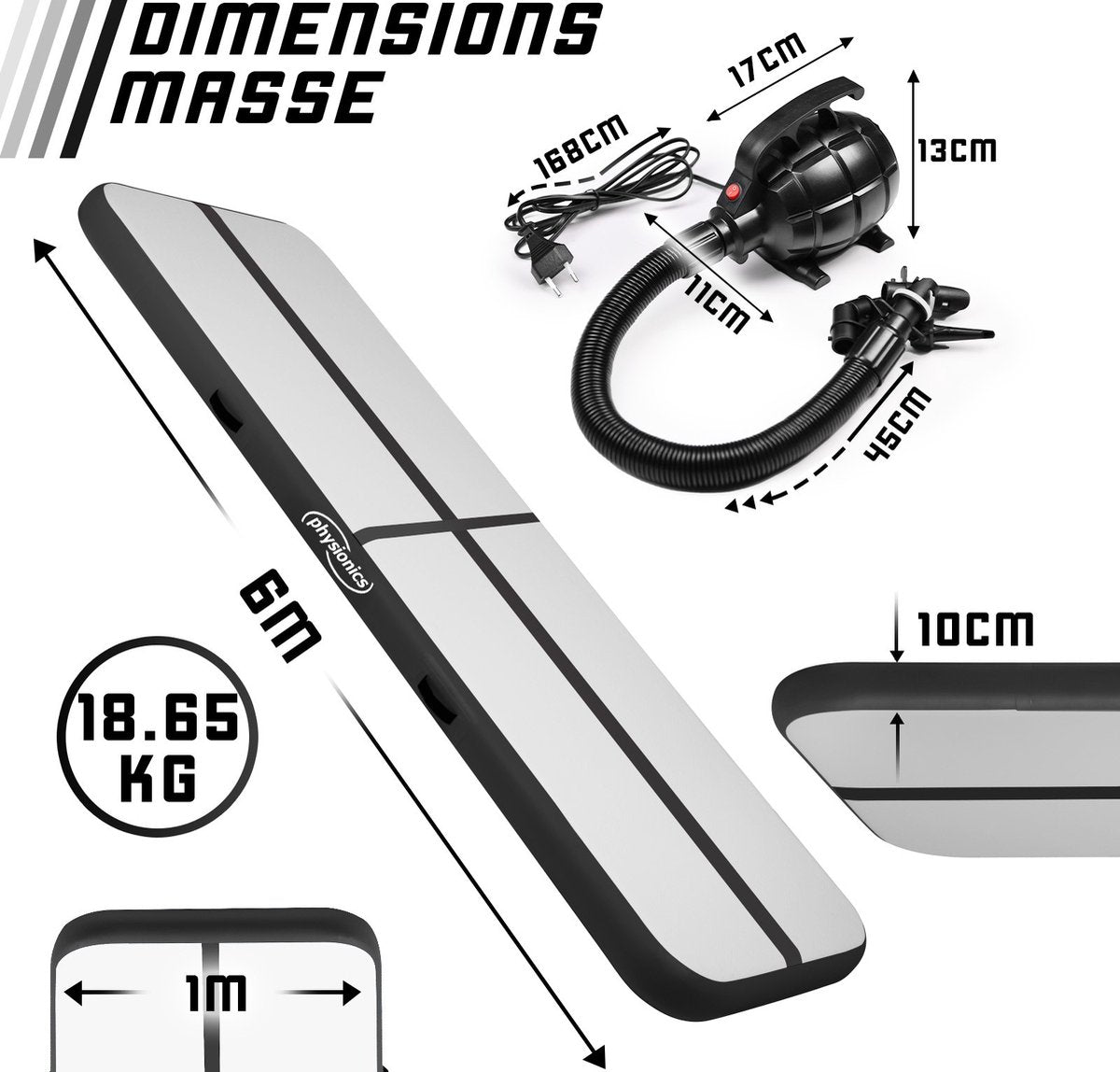 Physionics® Tumblingmat - Dubbelwandig PVC, Opblaasbaar, Inclusief elektrische pomp en reparatieset, 600 x 100 x 10, Zwart - Luchtvloer voor turnen, yoga, parkour, cheerleading