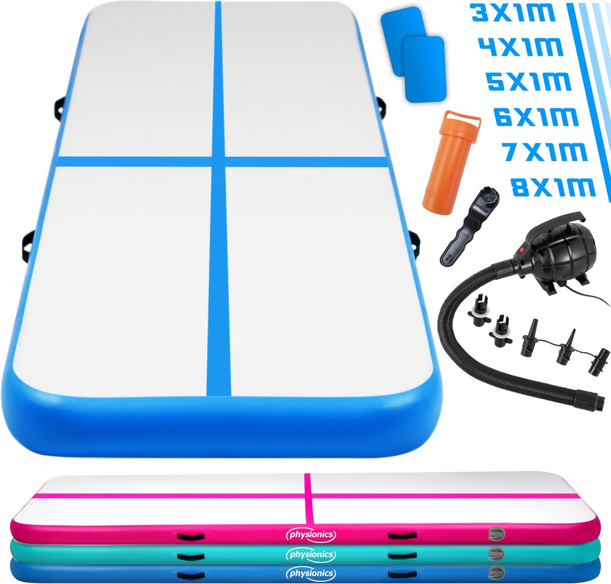 Opblaasbare PVC gym mat 4 x 1m, met elektrische luchtpomp, gymnastiekmat, trainingsmat, fitnessmat