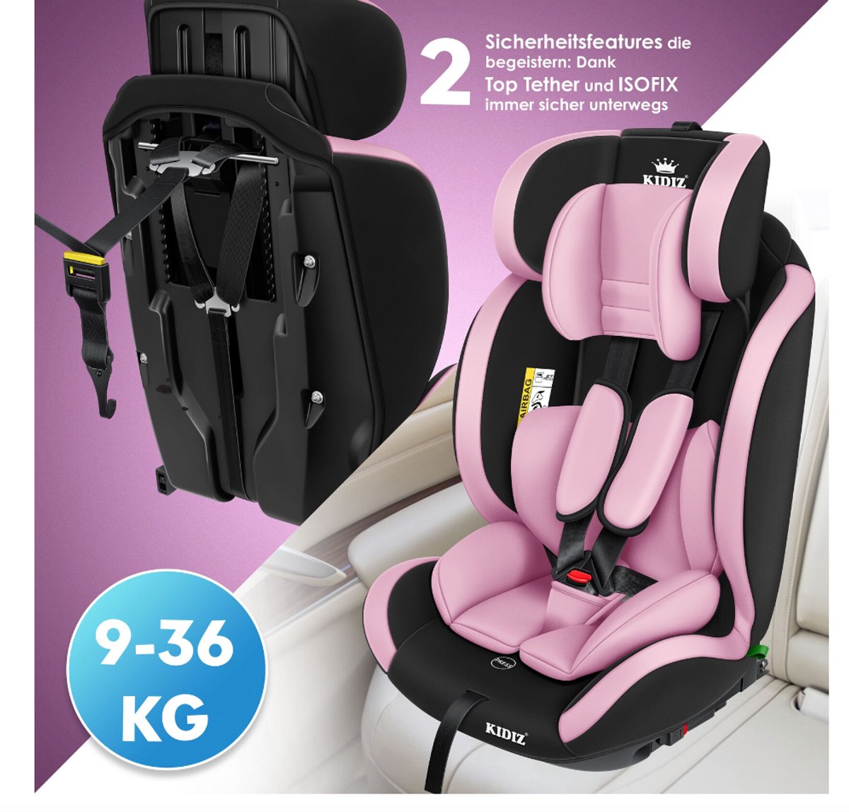 KIDIZ® Autostoeltje - 5-punts veiligheidsgordel - Roze
