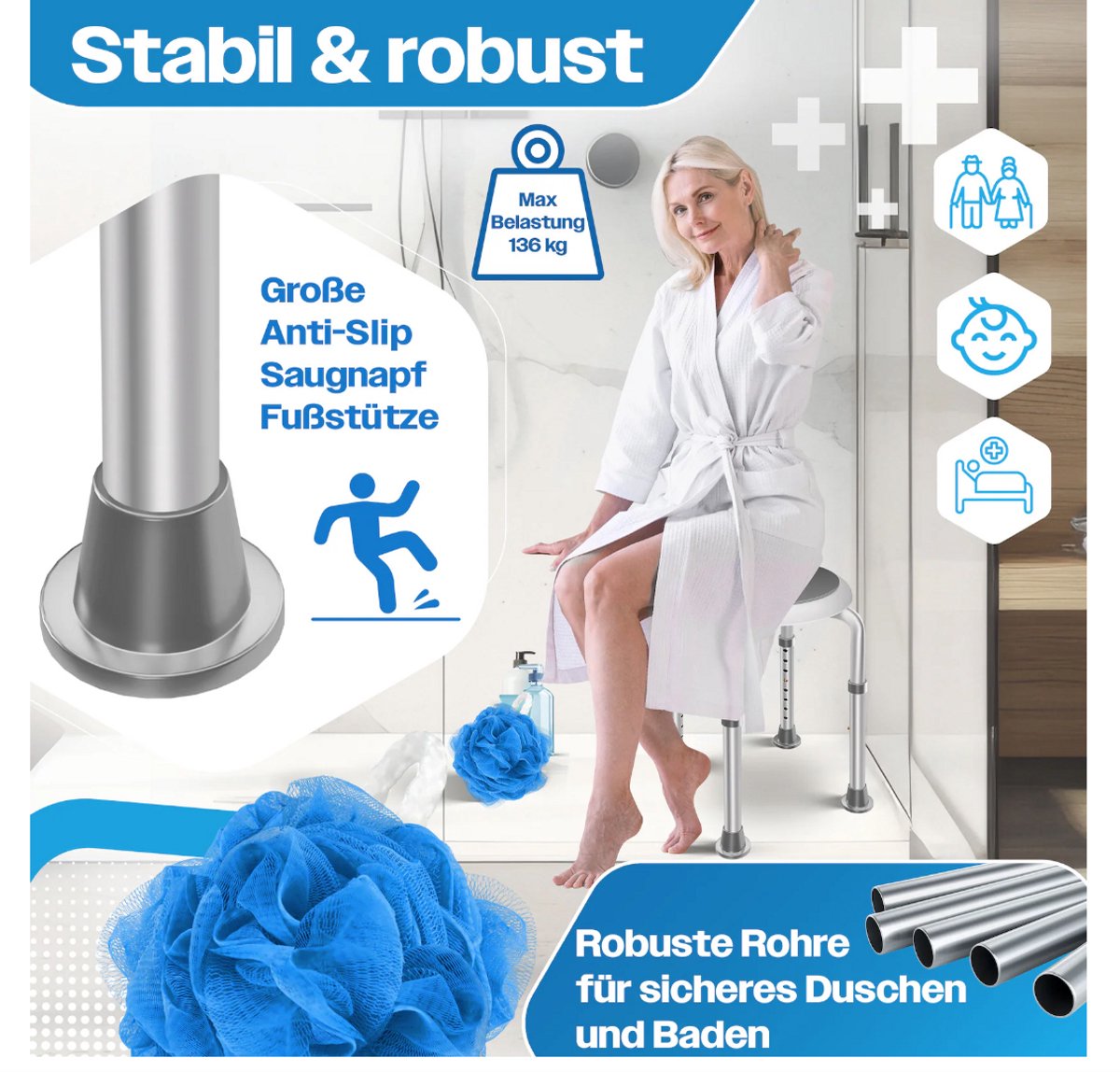KESSER® Douchekruk - Douchestoel - Verstelbaar - Antislip - Grijs