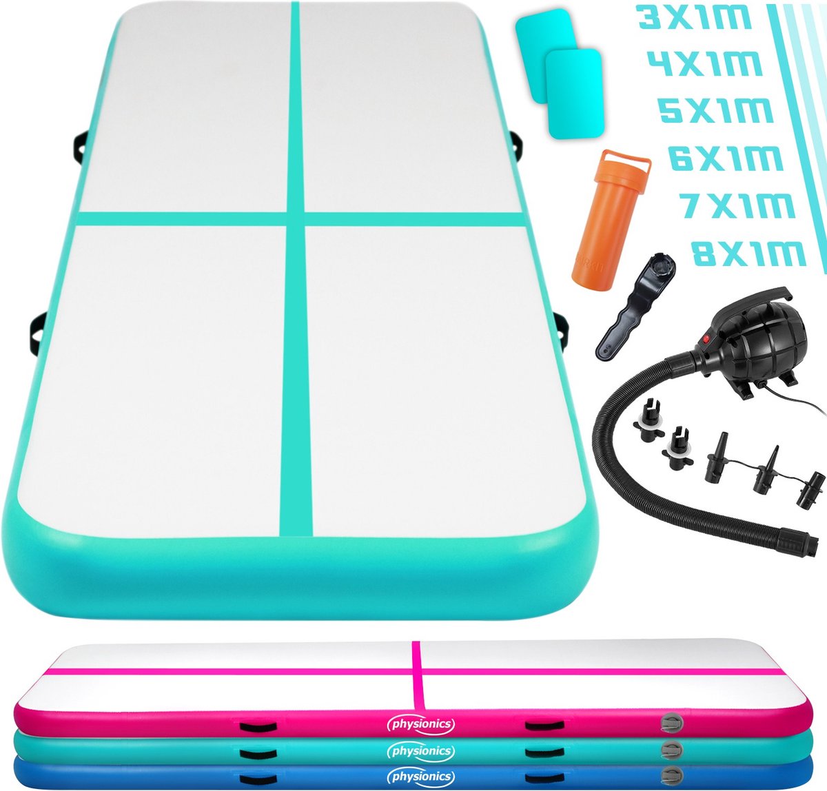 Opblaasbare PVC gym mat, 3 x 1 meter, met elektrische luchtpomp, gymnastiekmat, trainingsmat, fitnessmat
