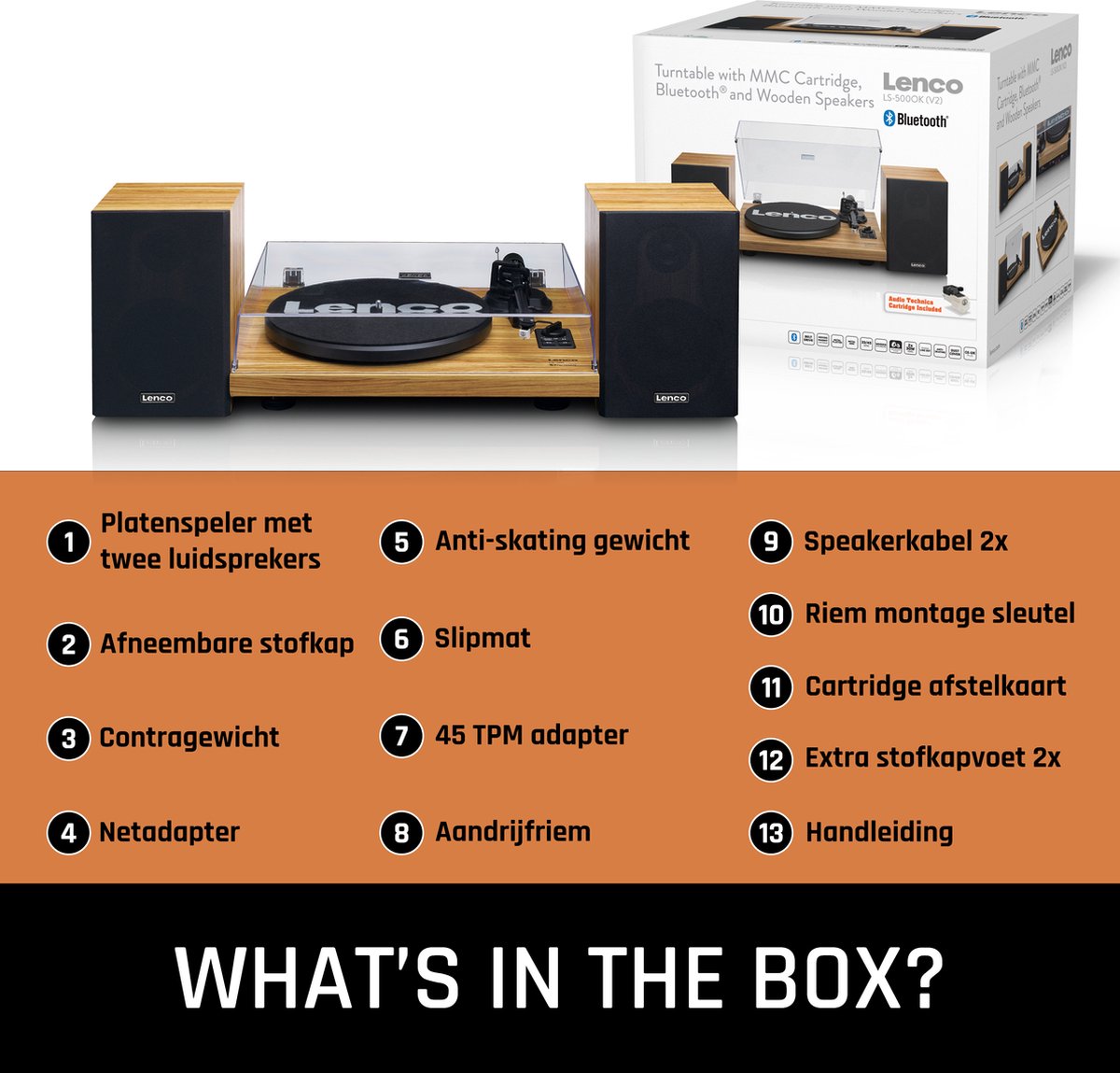 Lenco Platenspeler met Bluetooth - Twee externe Speakers - Ingebouwde Versterker - LS-500OK - Hout •