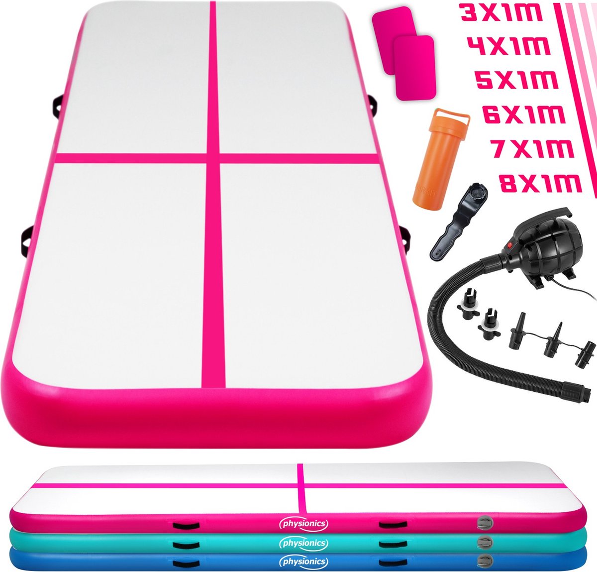 Opblaasbare PVC gym mat,  3 x 1m, met elektrische luchtpomp, gymnastiekmat, trainingsmat, fitnessmat