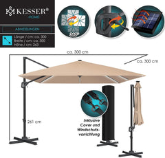KESSER® Parasol Zwenkparasol SUN XL 300 x 300 cm incl. hoes + windbescherming draaibaar kantelbaar marktparasol groot 360° draaibaar tuinparasol met zwengel zonwering UV50+