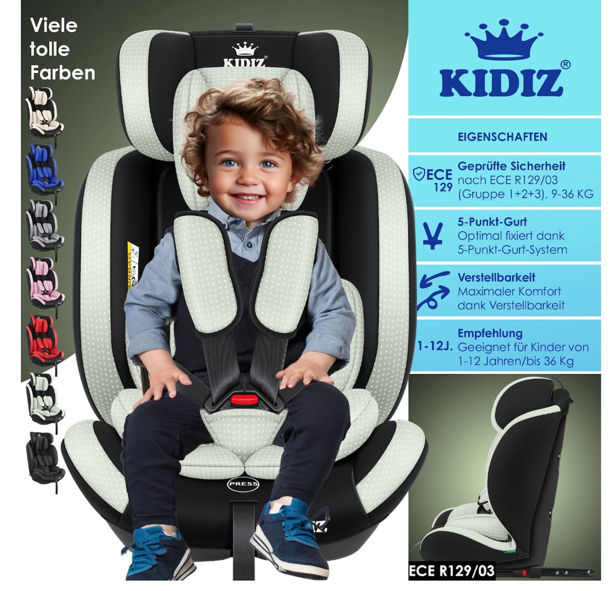 KIDIZ® Autostoeltje - 5-punts veiligheidsgordel - Groen