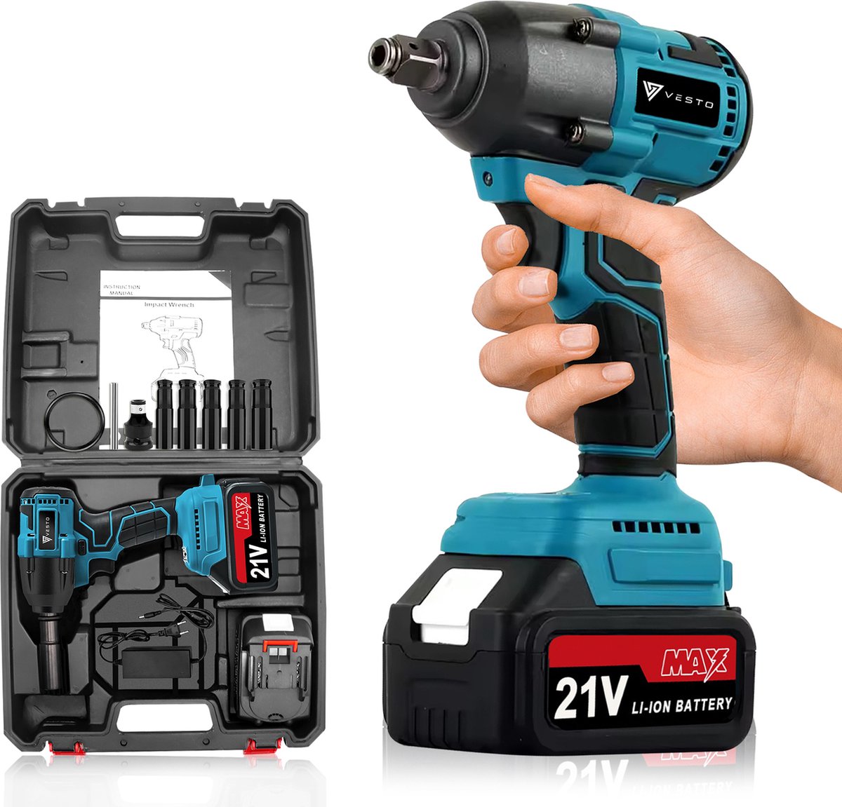 Vesto® Accu Slagmoersleutel 21V - incl. 6x Moerdoppen, Bitadapter, Borging en 2x Accu - 600Nm - Slagmoersleutelset - Slagmoersleutel met accu - Elektrisch - Slagschroevendraaier - Wieldoppen