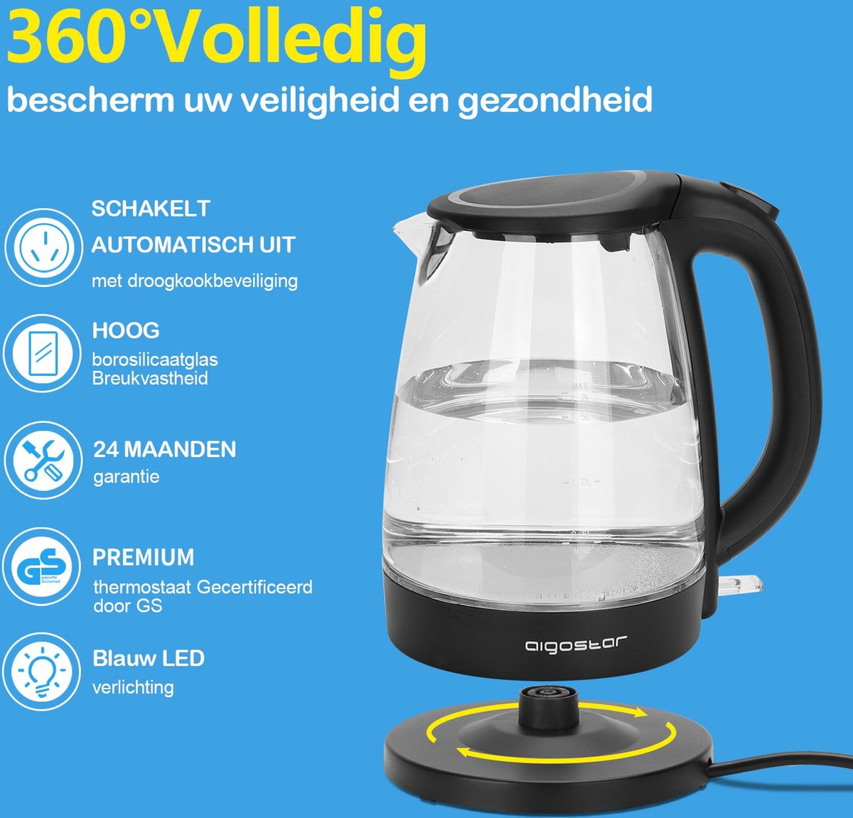 Aigostar Glazen Waterkoker - LED - 1,7L - 2200W - Zwart •