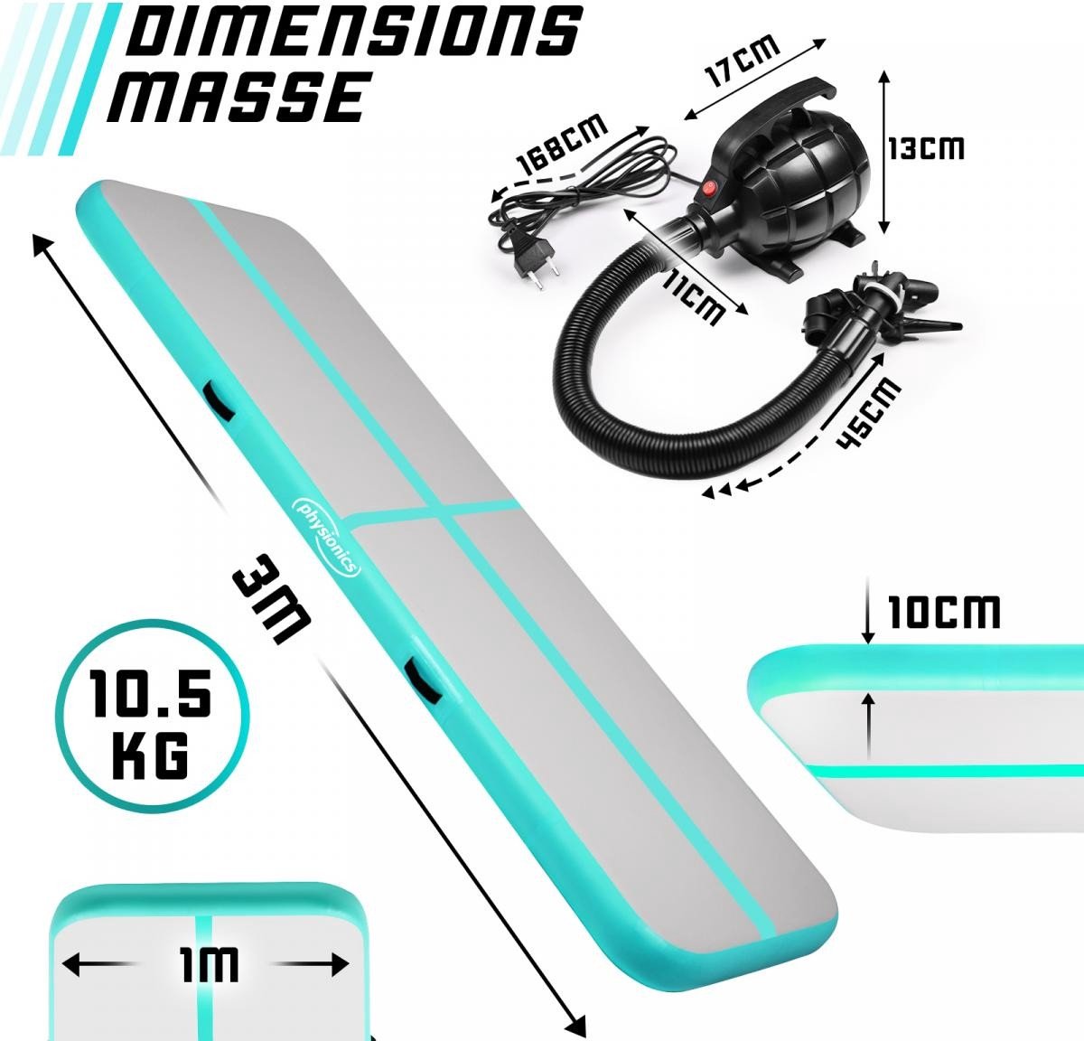 Opblaasbare PVC gym mat, 3 x 1 meter, met elektrische luchtpomp, gymnastiekmat, trainingsmat, fitnessmat