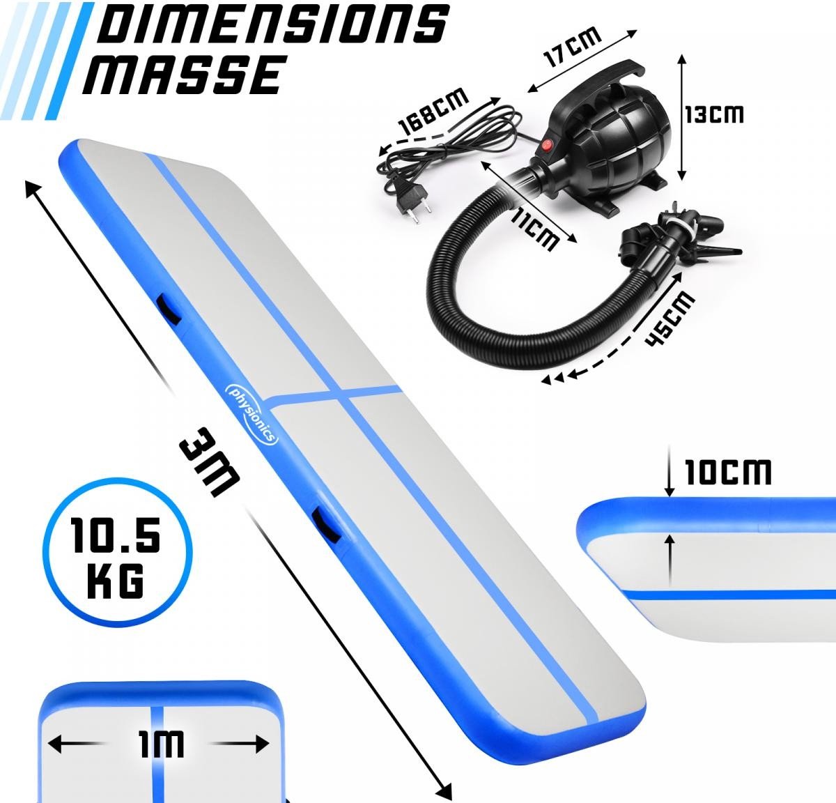 Opblaasbare PVC gym mat, 3 x 1 meter, met elektrische luchtpomp, gymnastiekmat, trainingsmat, fitnessmat