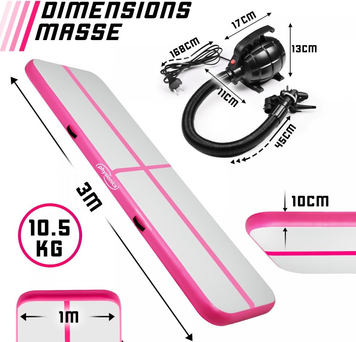 Opblaasbare PVC gym mat,  3 x 1m, met elektrische luchtpomp, gymnastiekmat, trainingsmat, fitnessmat