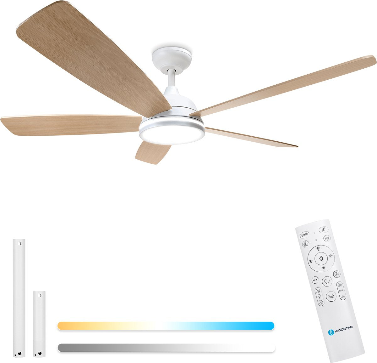Aigostar Stille Plafondventilator met Verlichting - Ø132cm - 50W - Wit •