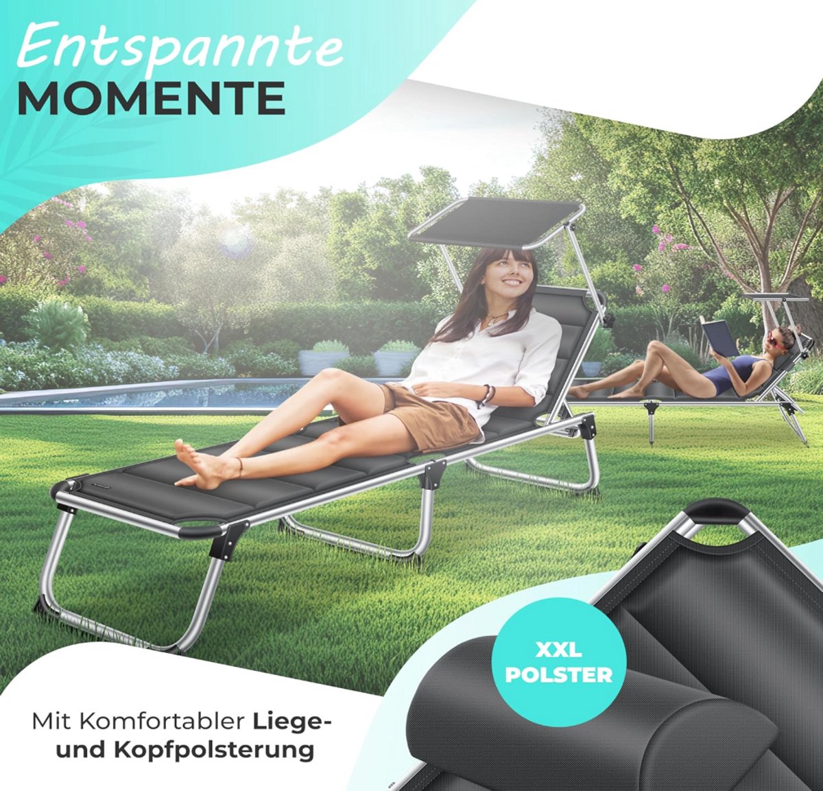 Ligbed - Ligstoel - Zonnebed - Opvouwbaar - Antraciet - KESSER®