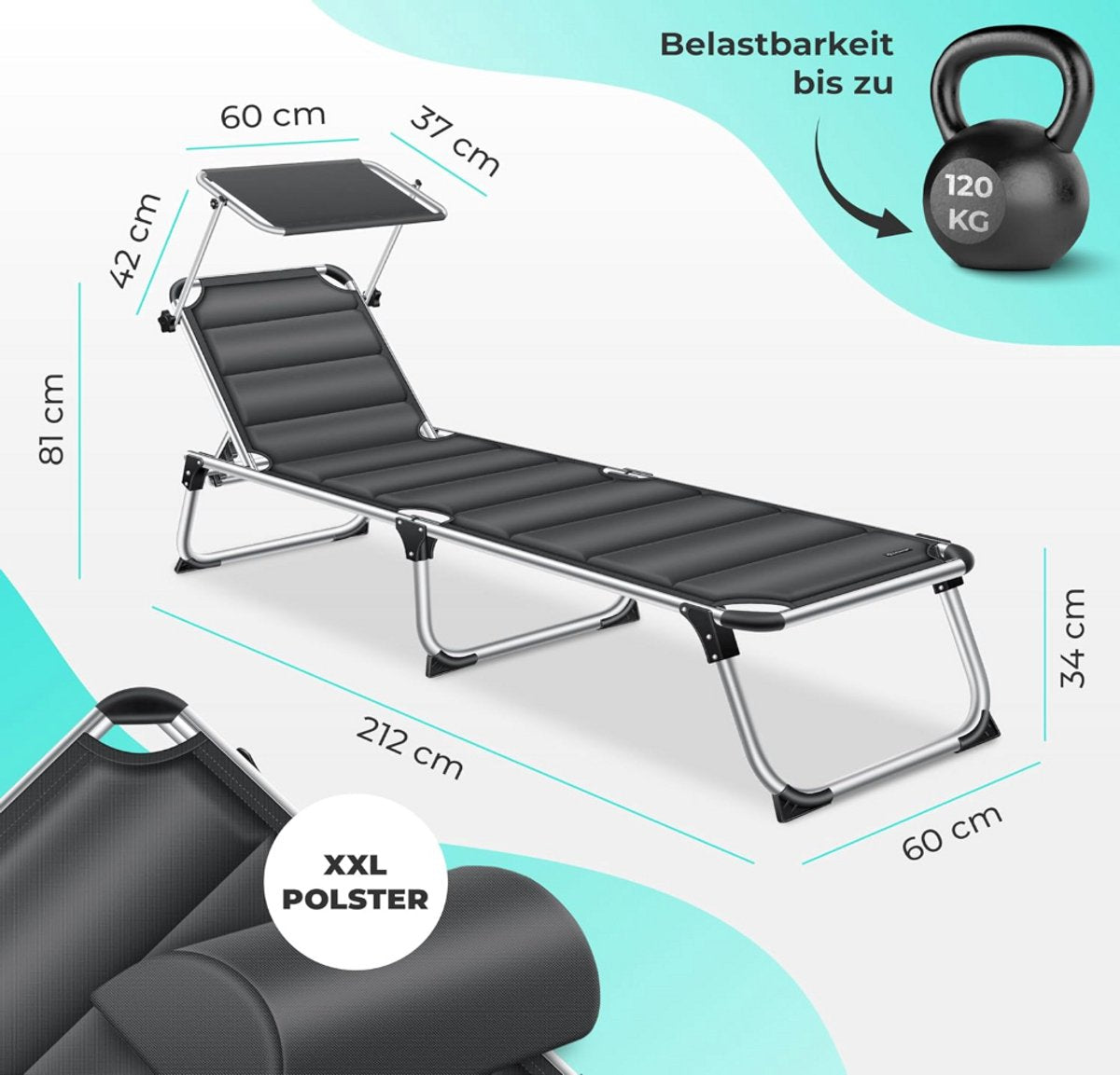 Ligbed - Ligstoel - Zonnebed - Opvouwbaar - Antraciet - KESSER®