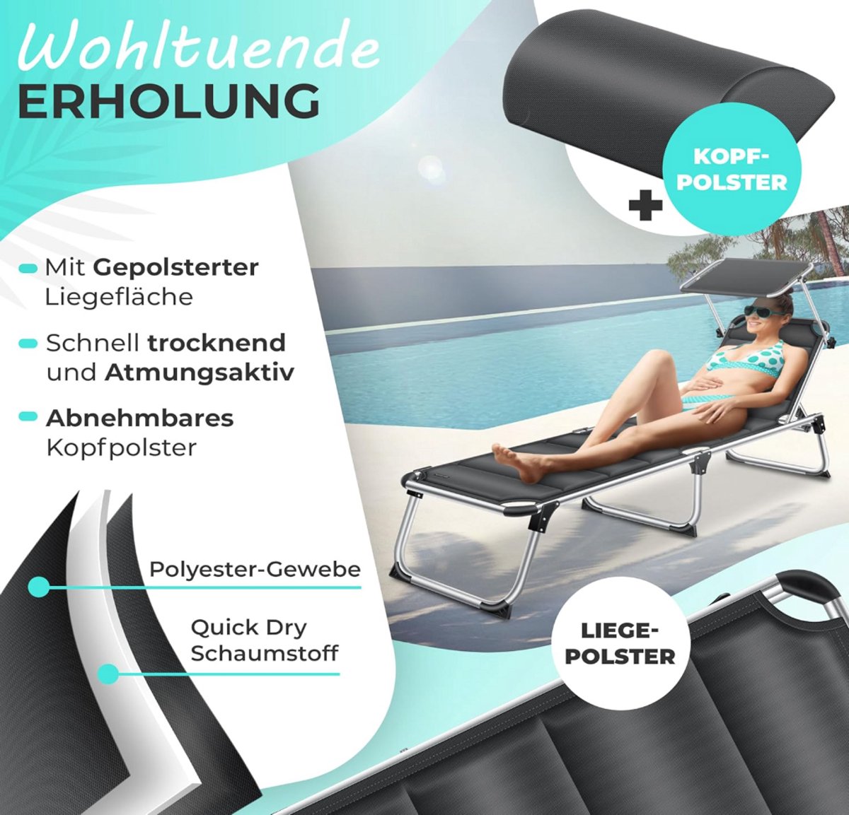 Ligbed - Ligstoel - Zonnebed - Opvouwbaar - Antraciet - KESSER®