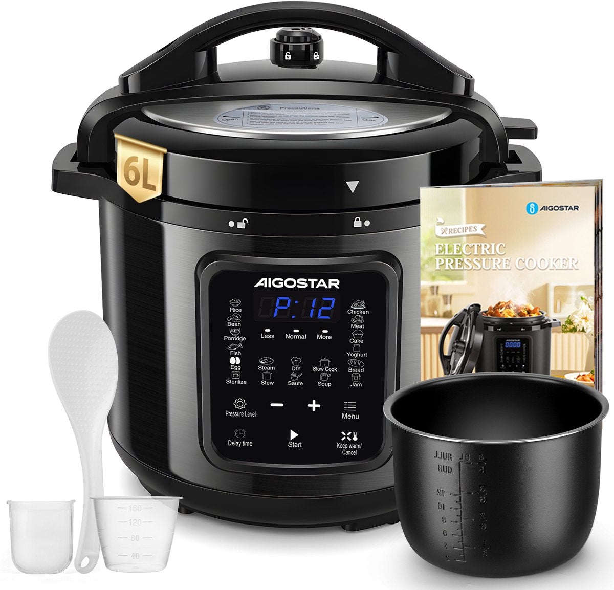 Aigostar Derrick Black - Pressure Multicooker - 6 Liter - Snelkookpan - Slow Cooker - Rijstkoker - Stomer - Zwart