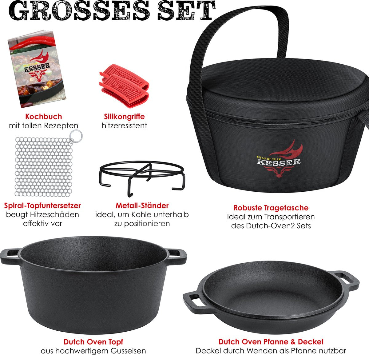 KESSER® Dutch Oven Gietijzeren Pan 1,8L en Pot 4,8L - Zwart