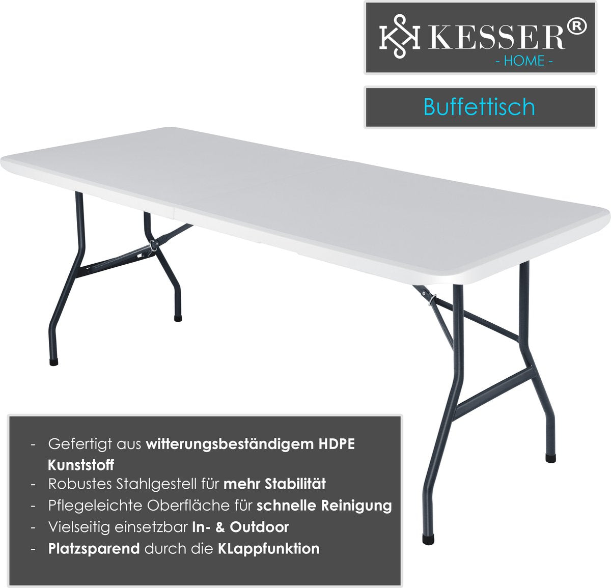 KESSER® Inklapbare Tafel - Campingtafel - Klaptafel - 183x76cm - Wit
