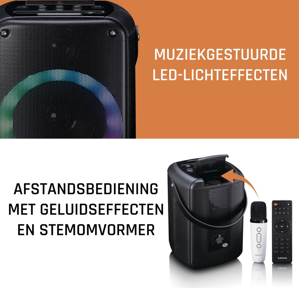 Lenco BTC-060BK - Draadloze Bluetooth Speaker 20W - Karaokeset met Microfoon en LED-verlichting - Zwart •