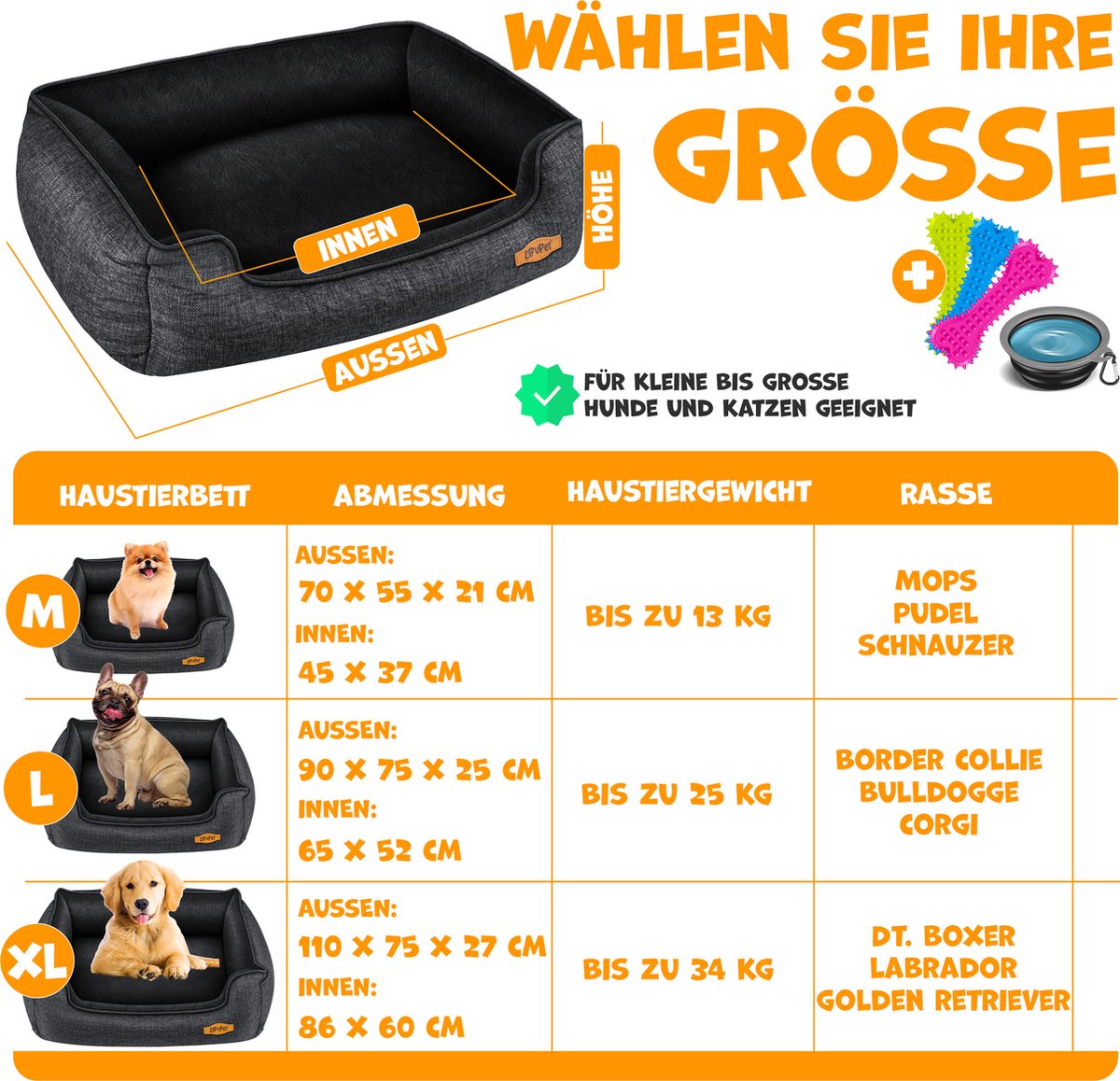 LovPet® Hondenbed Hondenkussen Hondenmand Chiller, Incl. Kom + 3X Kauwbotten, Hondenbankkussen voor Kleine, Middelgrote & Grote Honden, Hoes Afneembaar en Wasbaar - M (70 x 55 x 21 cm), Antraciet