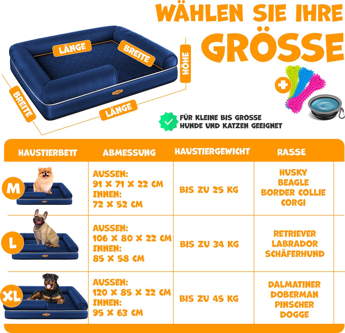 LovPet® Hondenmand Orthopedisch Hondenbed Hondenkussen Relax, Inclusief Kom + 3X Kauwbotten, Hondenbank voor Kleine, Middelgrote & Grote Honden, Hoes Afneembaar en Wasbaar - M (91 x 71 x 25 cm), Marineblauw