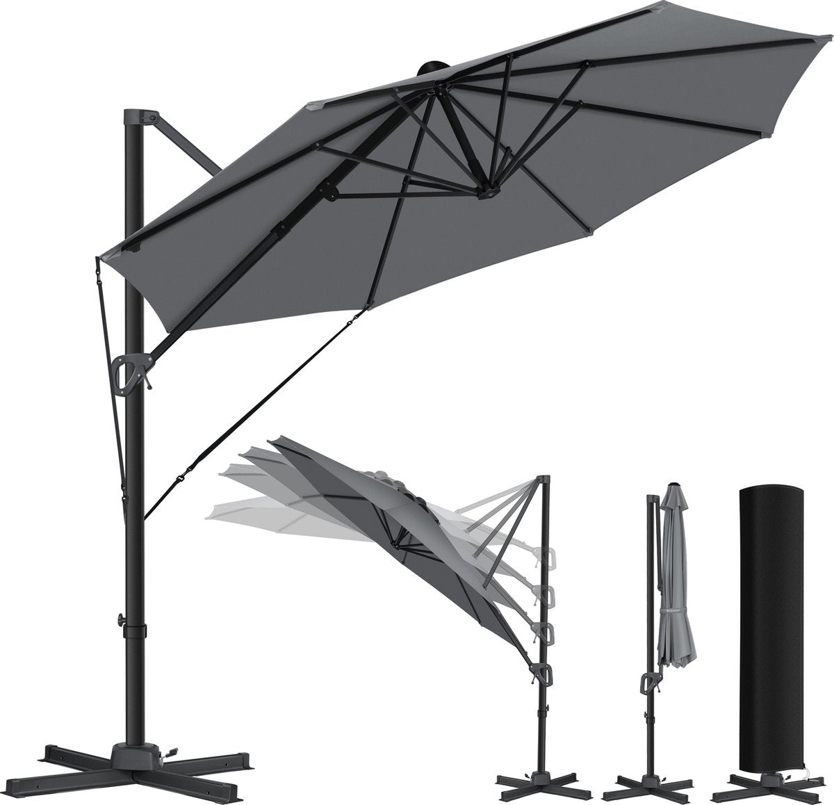 KESSER® Zweefparasol met voet  - Ø3,3m - 360° Draaibaar  - Antraciet