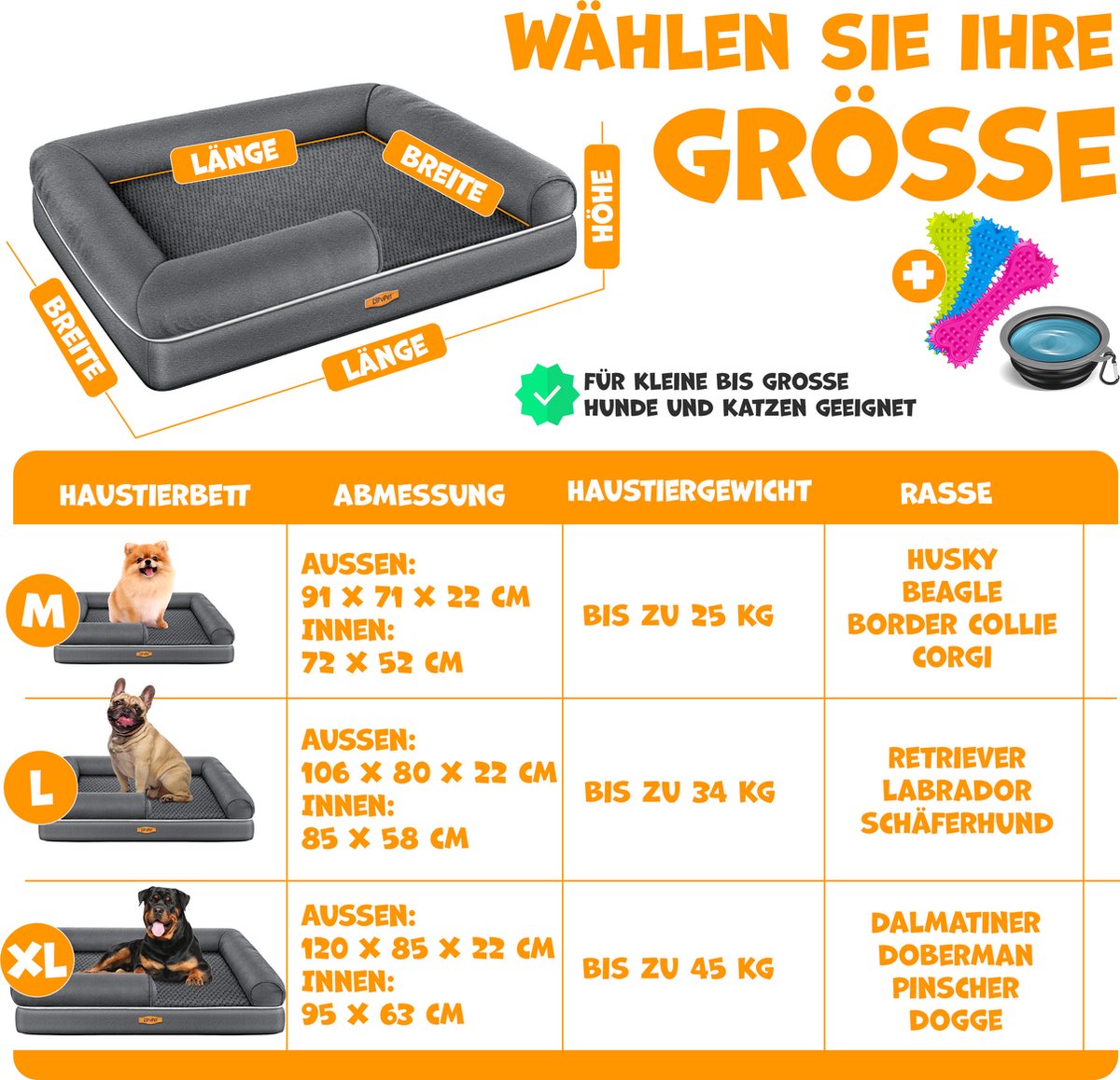 LovPet® Hondenmand Orthopedisch Hondenbed Hondenkussen Relax, Inclusief Kom + 3X Kauwbotten, Hondenbank voor Kleine, Middelgrote & Grote Honden, Hoes Afneembaar en Wasbaar - M (91 x 71 x 25 cm), Antraciet