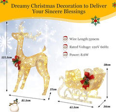 COSTWAY Verlicht Kerstmis Rendier & Slee, Voorverlichte Decoratie voor Buiten met 100 Warme Witte Lichten, Grondpalen, Kabelbinders, Verlichte Kerstman Slee & Rendier voor Tuin, Huis, Gazon